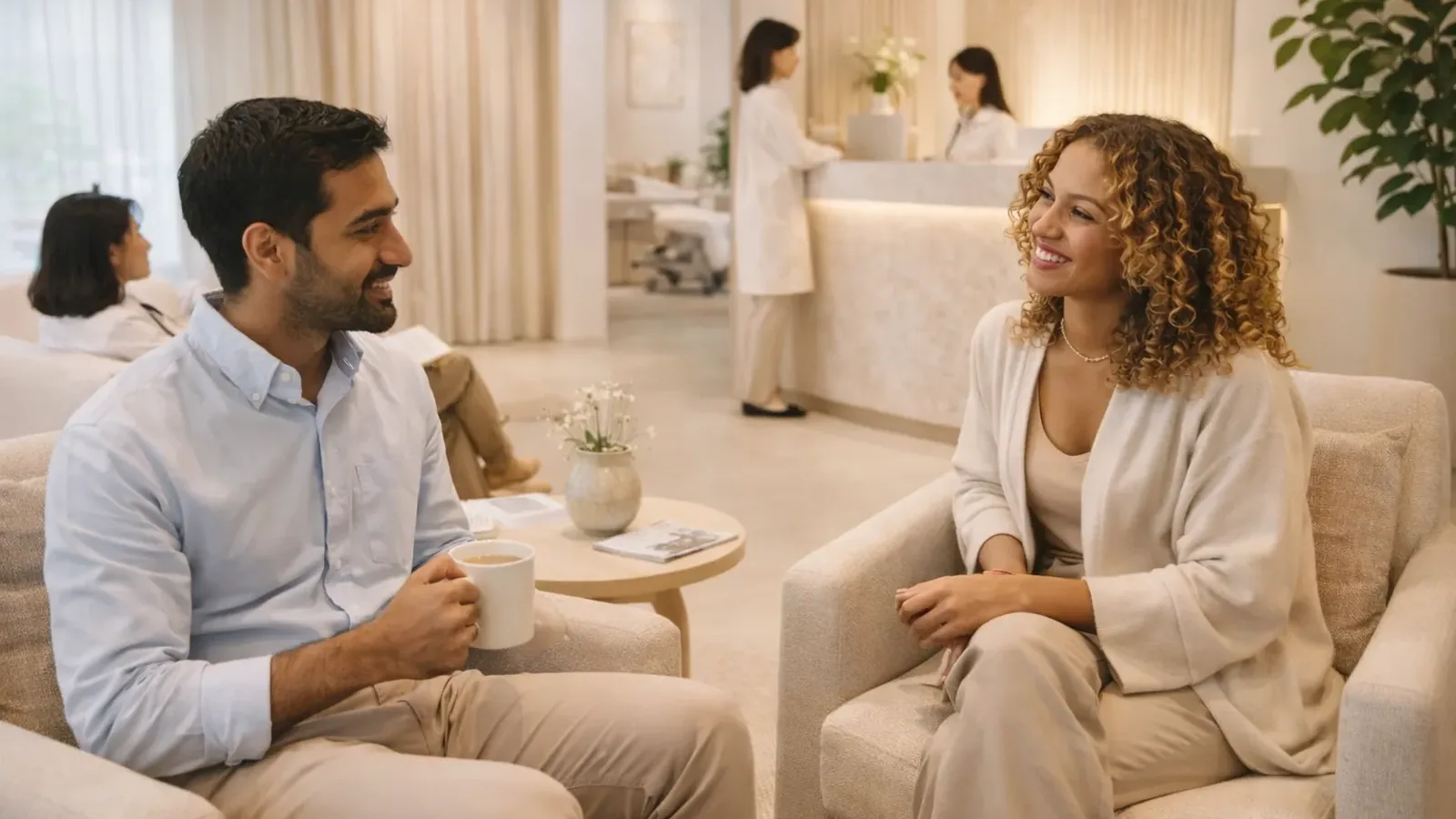 A couple in conversation with clinic staff in the lounge