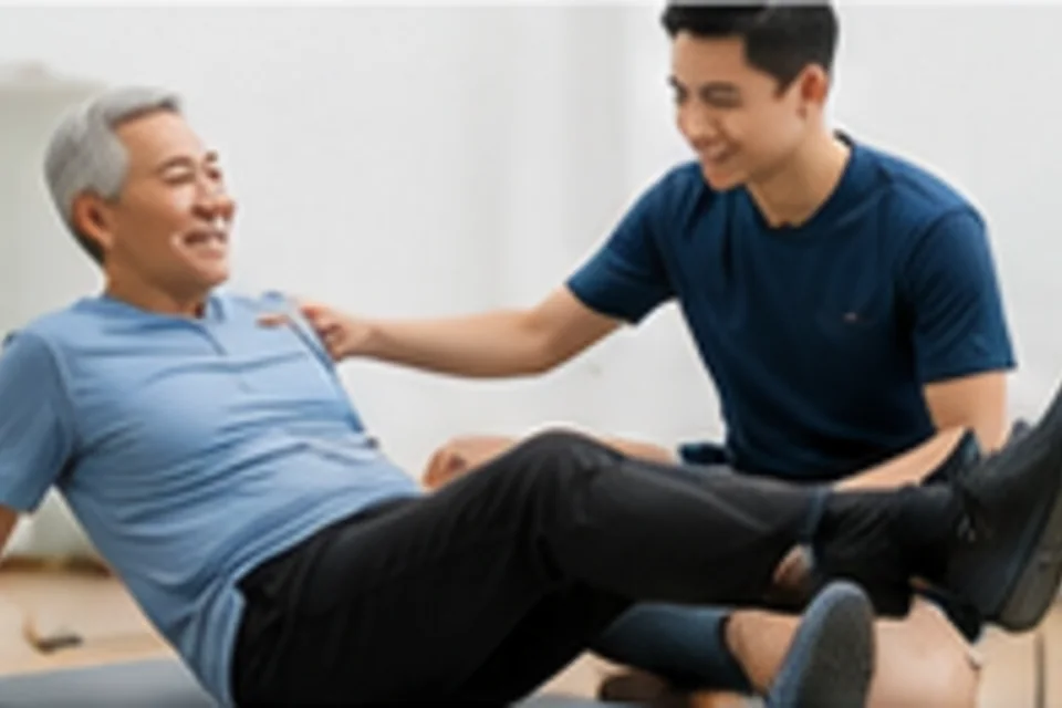 一位老年人在物理治疗师指导下正确进行大腿力量训练