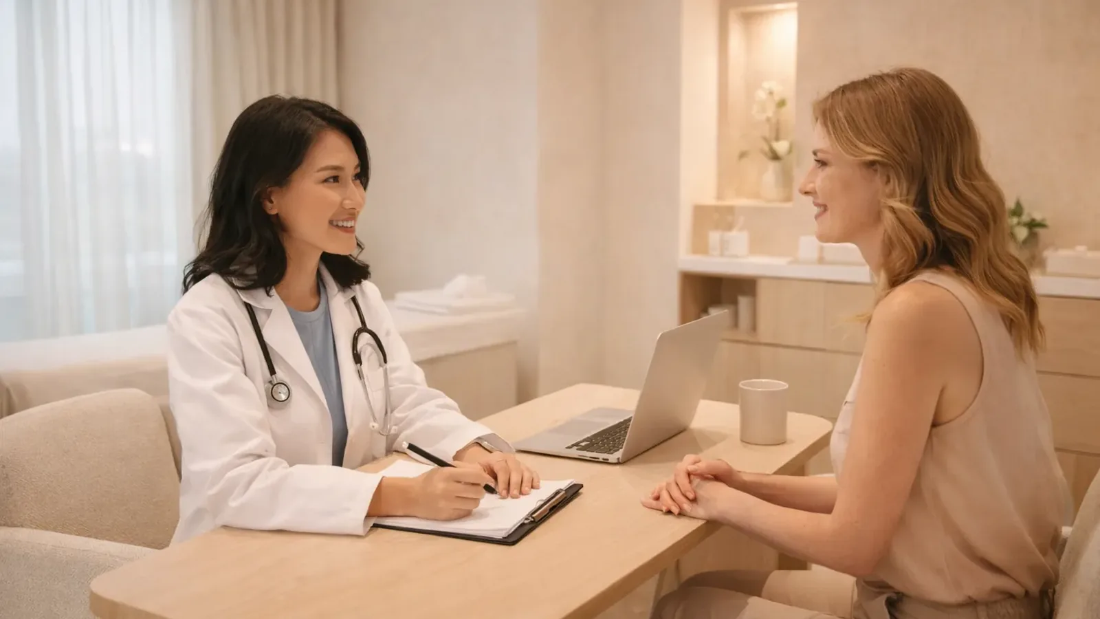 Doctor and patient talking across a consulting desk