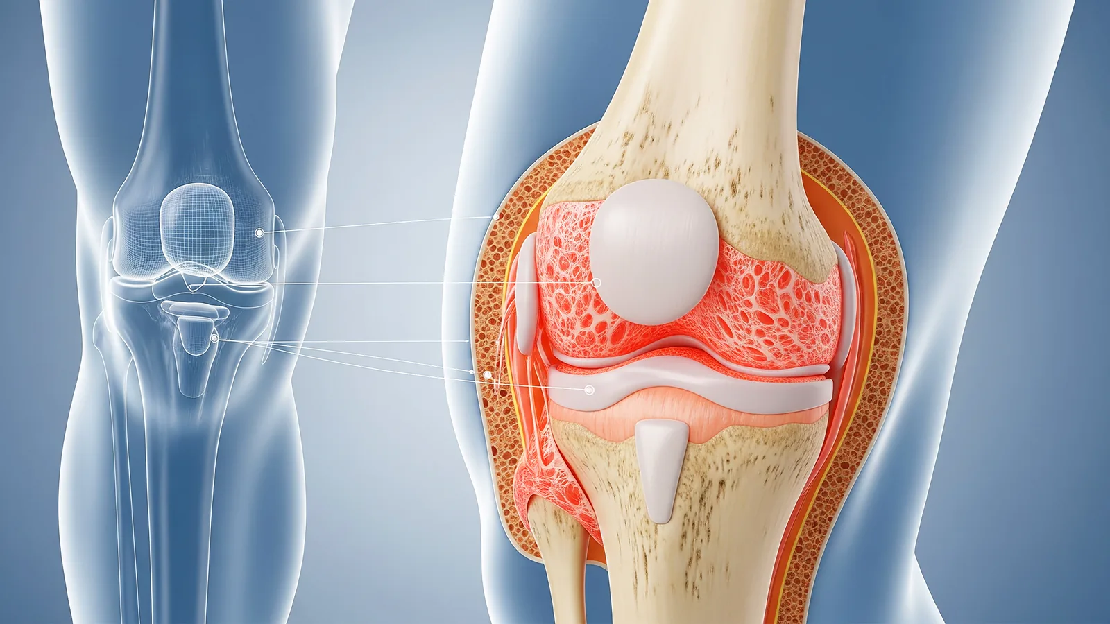 Cross-section of a knee showing cartilage and bone