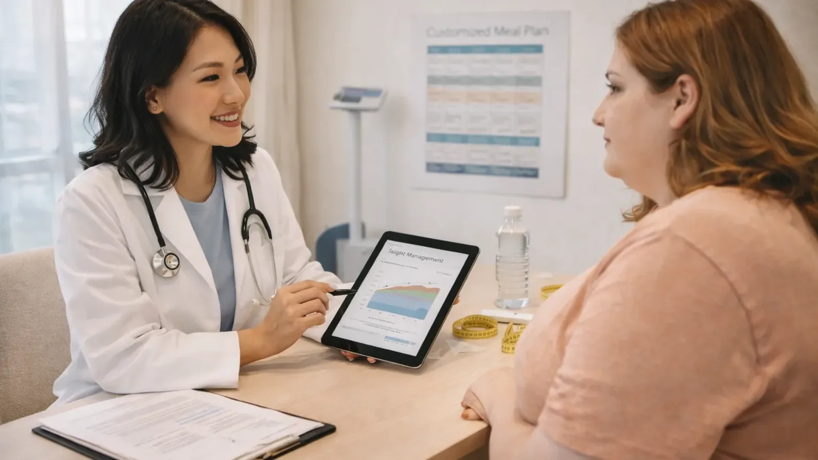 Doctor and patient in conversation at a consulting desk