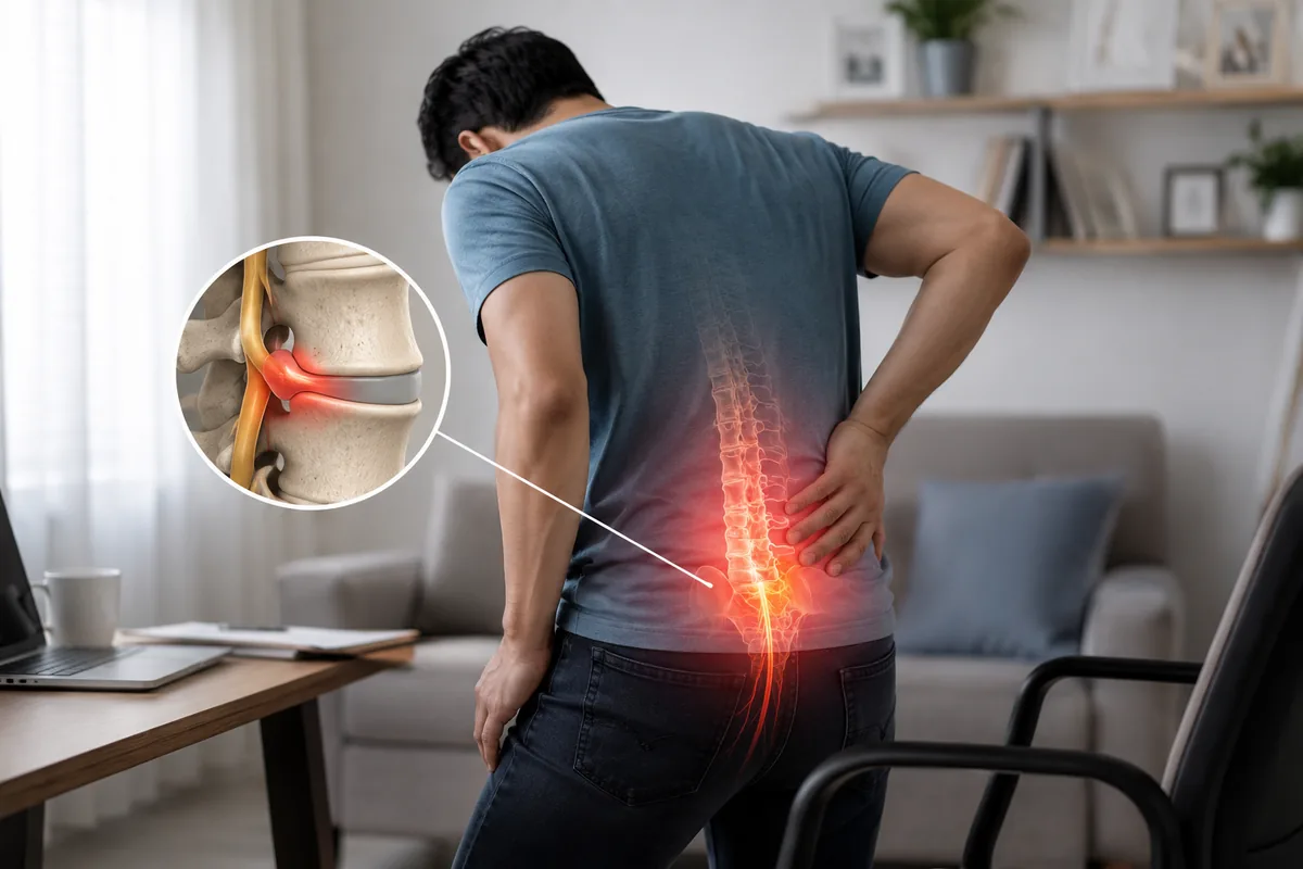 Doctor showing a patient an MRI of a lumbar herniated disc pressing on a nerve root