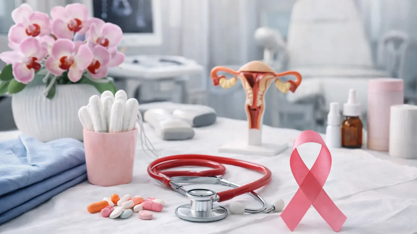 Women's health items arranged on a table with a stethoscope