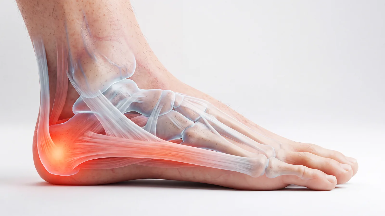 Foot with the bones drawn over it and the heel marked in red