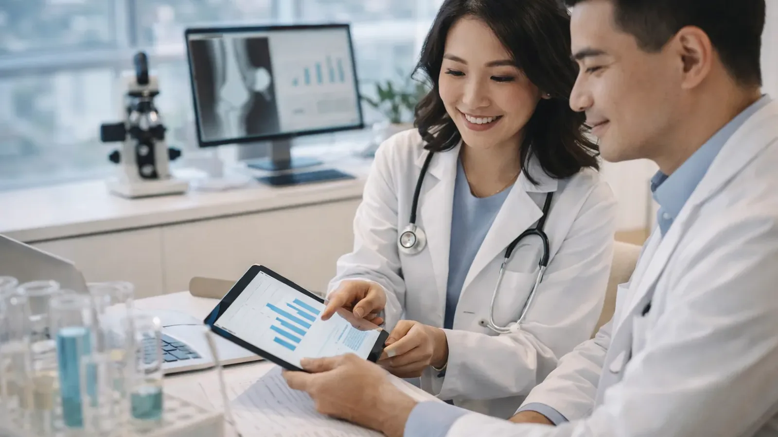 طبيبان يراجعان أرقاماً على شاشة عند طاولة المختبر