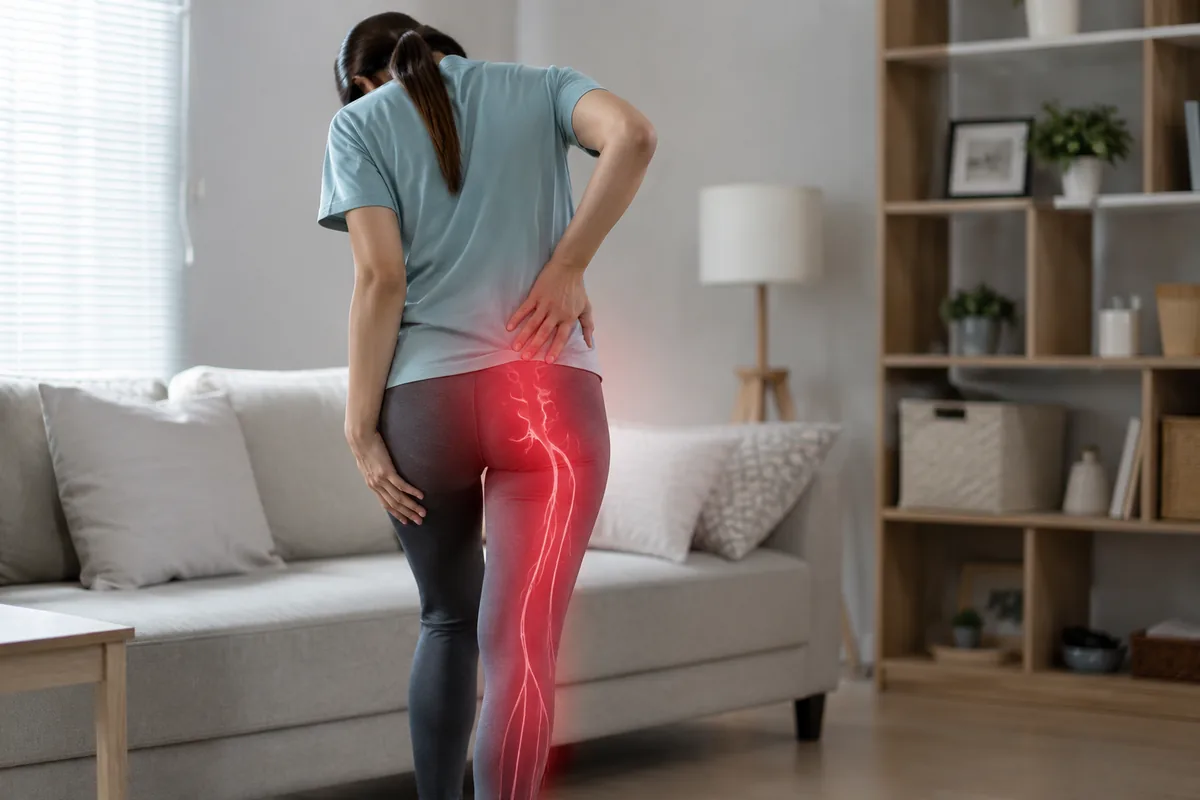 Doctor assessing a patient with sciatica and radiating leg pain in a consultation room