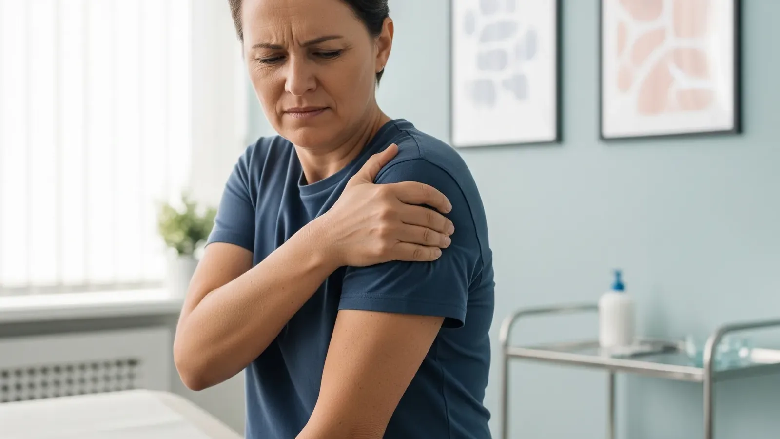 Woman in a clinic room holding her shoulder