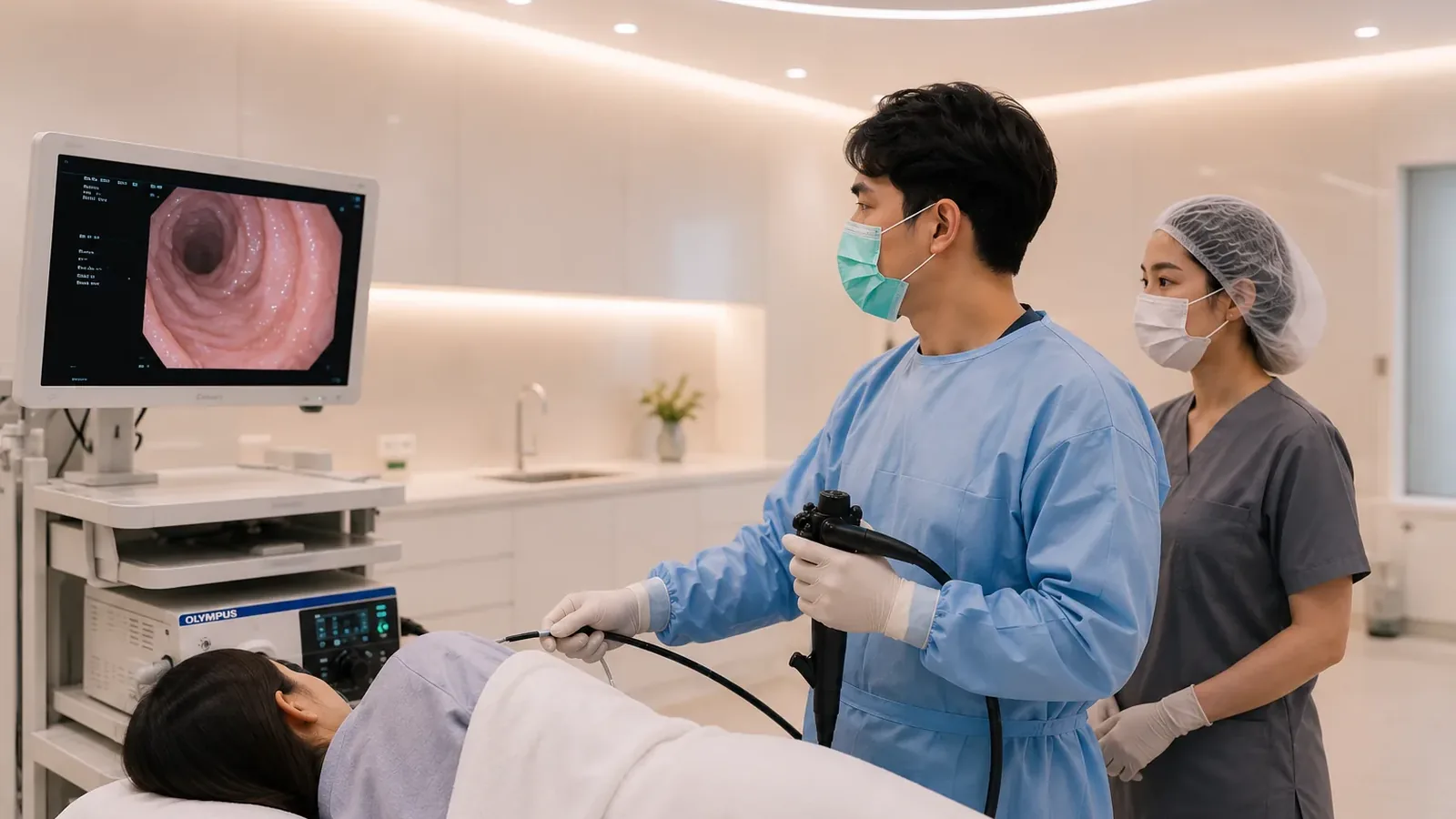 Endoscopy under way with the camera view on the monitor