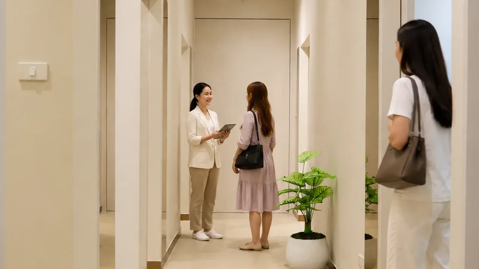 Two people talking in a quiet clinic corridor