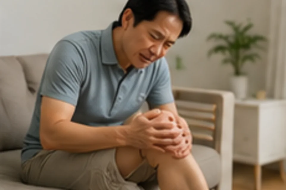 医生在诊室检查就诊者膝盖并询问疼痛情况