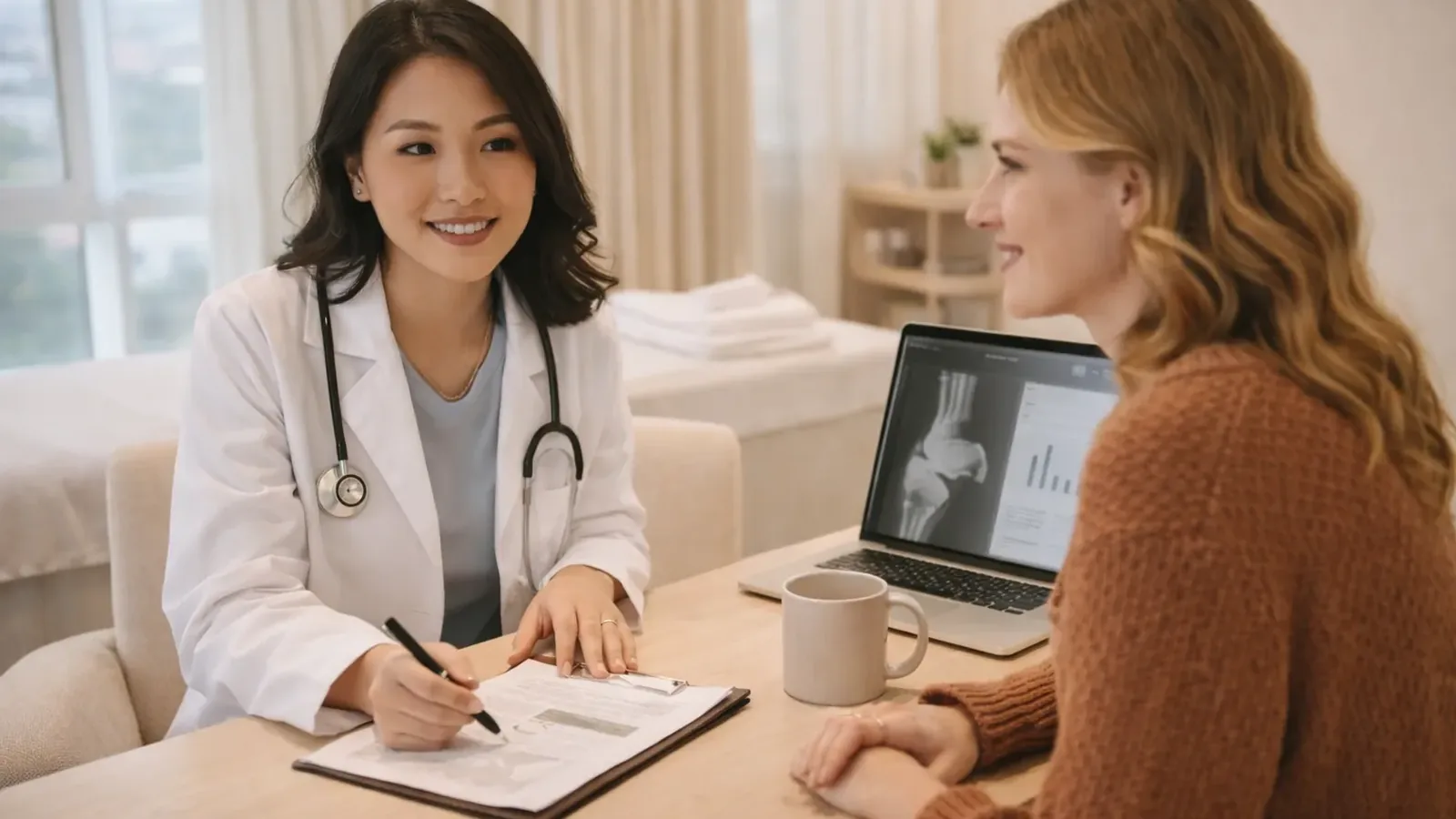 Doctor and patient going through results on a laptop