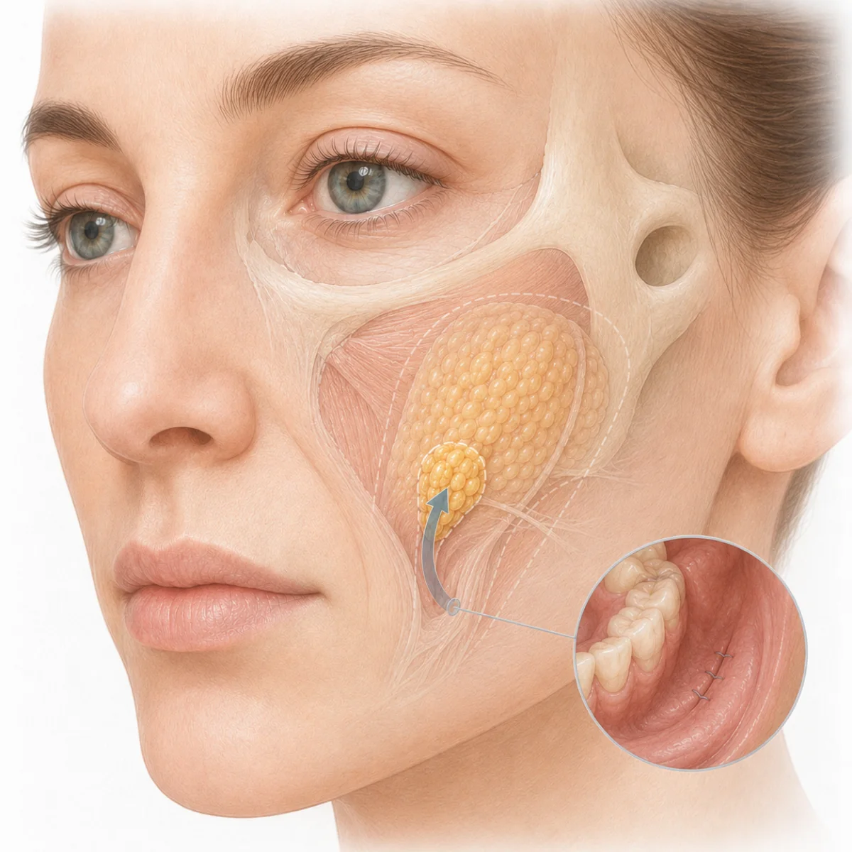 ภาพประกอบทางการแพทย์ — ตัดไขมันกระพุ้งแก้ม (Buccal fat)